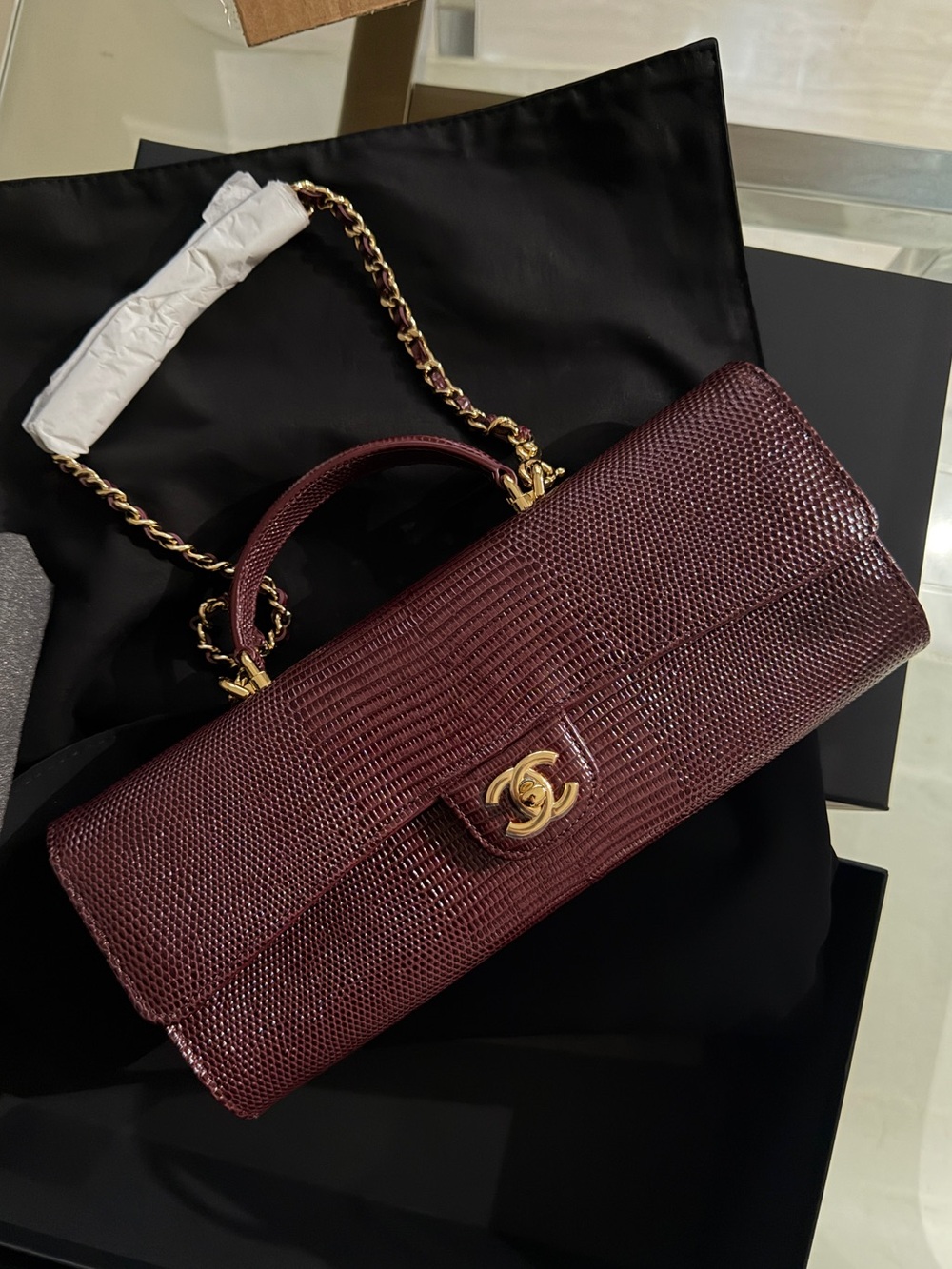 Chanel Burgundy East West Top Handle Lizard Embossed Leather Clutch | NIB